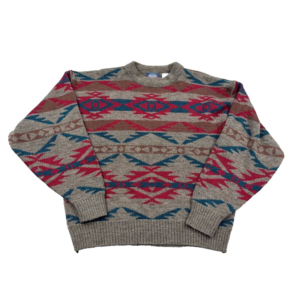 Vintage Grandpa Sweater Men Large Brown Red Crewneck Southwestern Aztec Knit